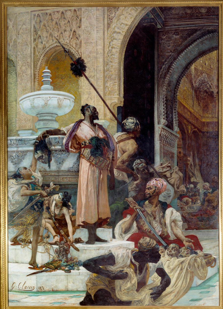 Palvojien verilöyly. Boabdil dit Zoghbi (1452-1528) tuhosi abenceraget (Granadan valtakunnan maurien heimo 1400-luvulla). Georges Jules Victor Clairinin (1843 - 1919) maalaus tekijältä Georges Clairin