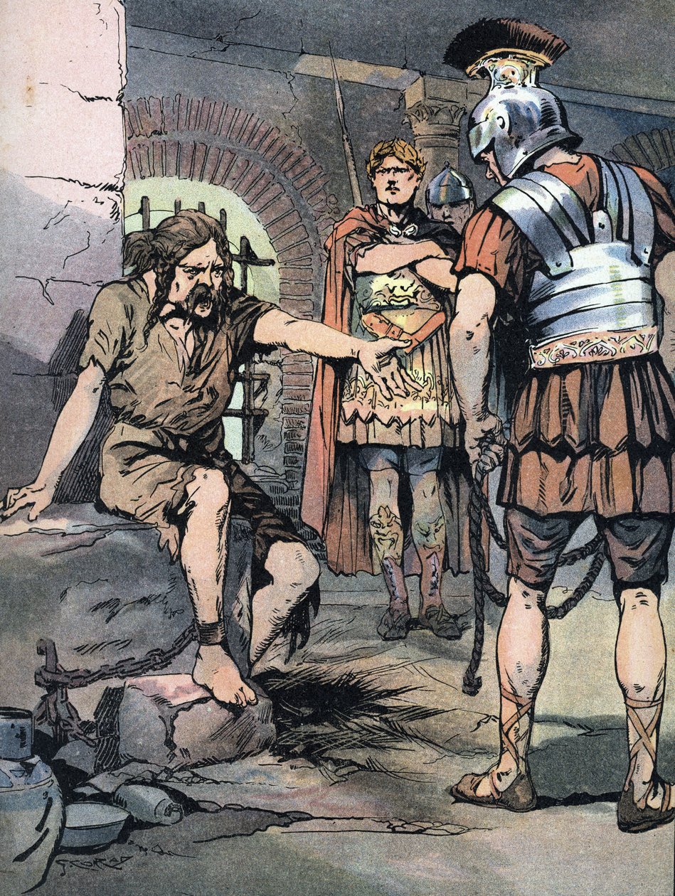 Gallian sota: "" Gallialainen soturi Vercingetorix vanki Jules Cesarin roomalaisissa aseissa Tullianumin vankiloissa, 46 eaa." (Gallialaiset sodat: Vercingetorixin vanki Mamertinen vankilassa Roomassa tappion jälkeen Julius Caesaria vastaan, 46 eKr.) Kuvit tekijältä Georges Conrad