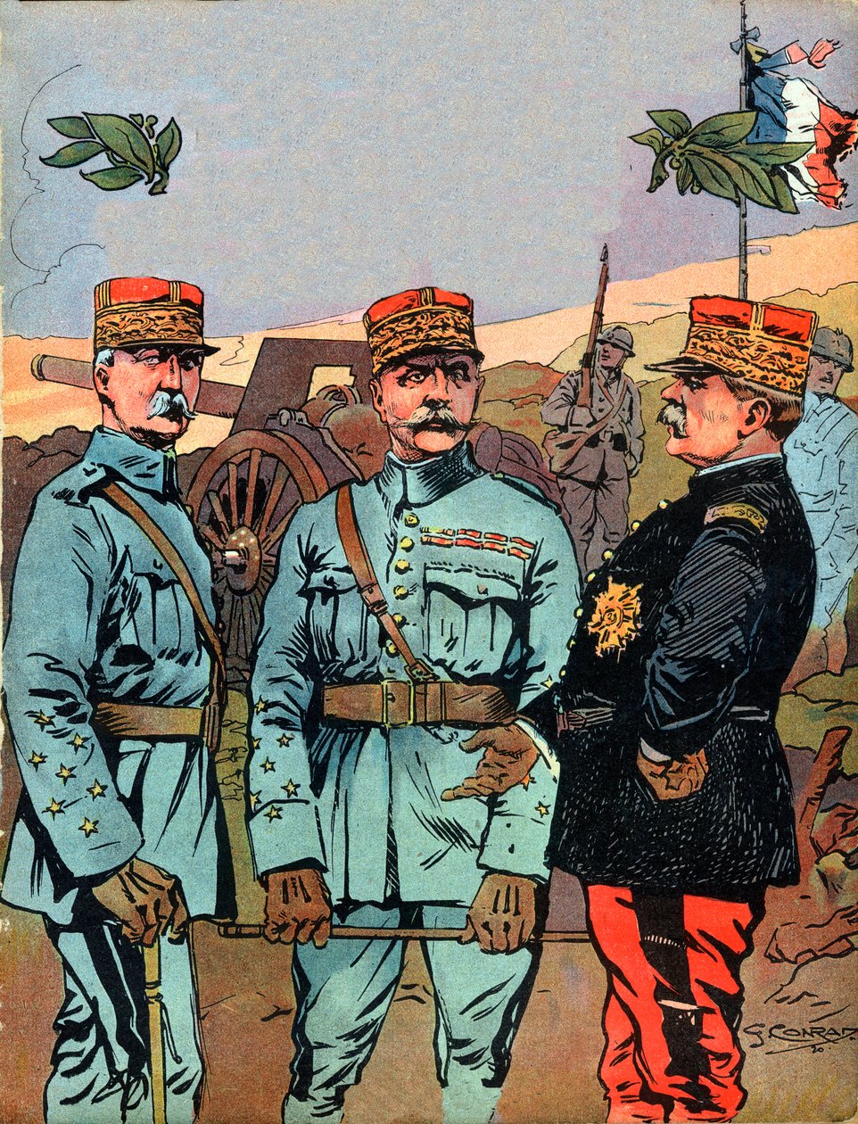 Marechal Joseph Jacques Cesaire Joffre (1852-1931), Marechal Ferdinand Foch (1851-1929) ja Marechal Philippe Petain (1856-1951), Ranskan suuret vapauttajat ensimmäisen maailmansodan aikana - Georges Conradin (1874-1936) kuvitus "" Nos-Giresilta tekijältä Georges Conrad