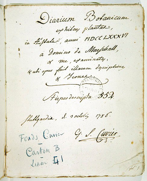 Diarium Botanicumin kansilehdellä Cuvierin allekirjoitus tekijältä Georges Cuvier