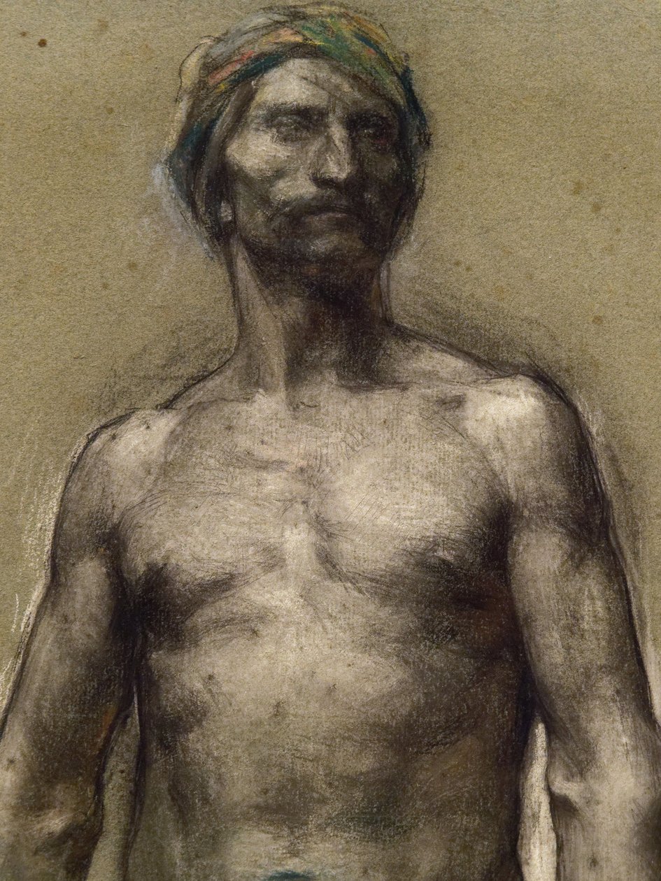 Tutkimus alastomasta miehestä turbaanissa (yksityiskohta) (noin 1888). George Desvallieres (1861-1950). Pastelli paperisauvalla laminaatit pahvipaperille. Musee des Beaux-Arts de la Ville de Paris, PeuPalais. tekijältä Georges Desvallieres