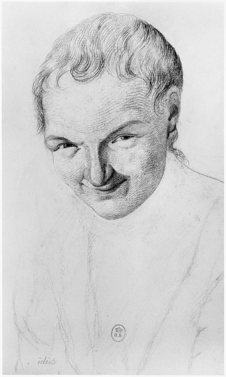 Idiootti, kuvitus Jean Etienne Dominique Esquirolin (1772-1840) julkaisemattomasta tutkielmasta Salpetrieren mielisairaalan mielisairaista, noin 1818. tekijältä Georges Francois Gabriel