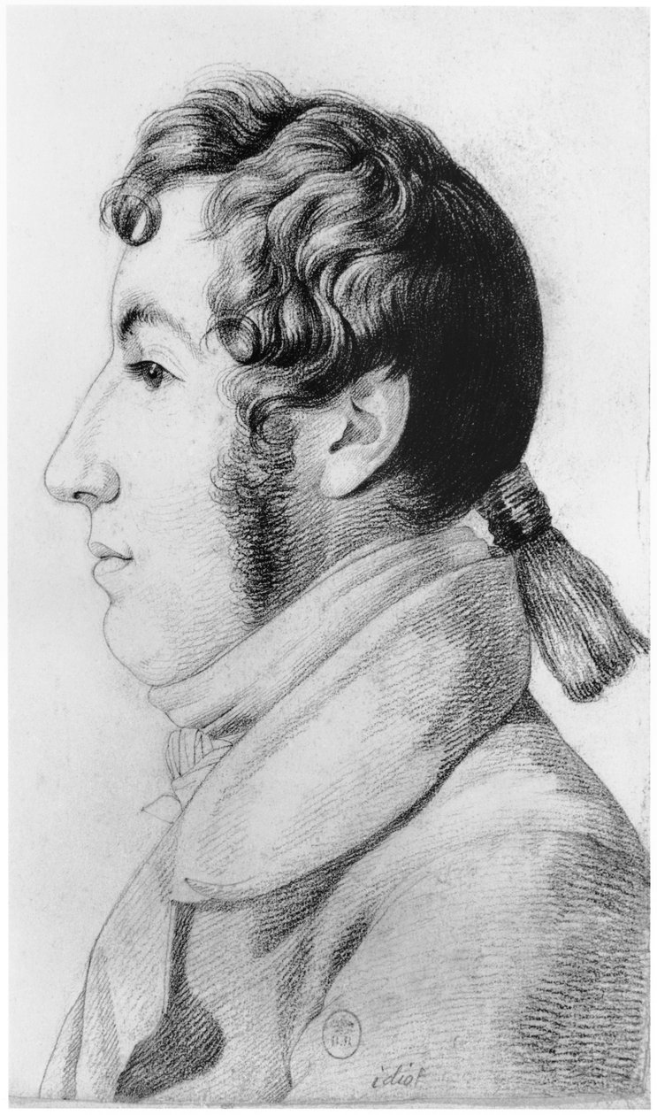Idiootti, kuvitus Jean Etienne Dominique Esquirolin (1772-1840) julkaisemattomasta tutkielmasta Salpetrieren turvapaikan hulluista, n. 1818 tekijältä Georges Francois Gabriel