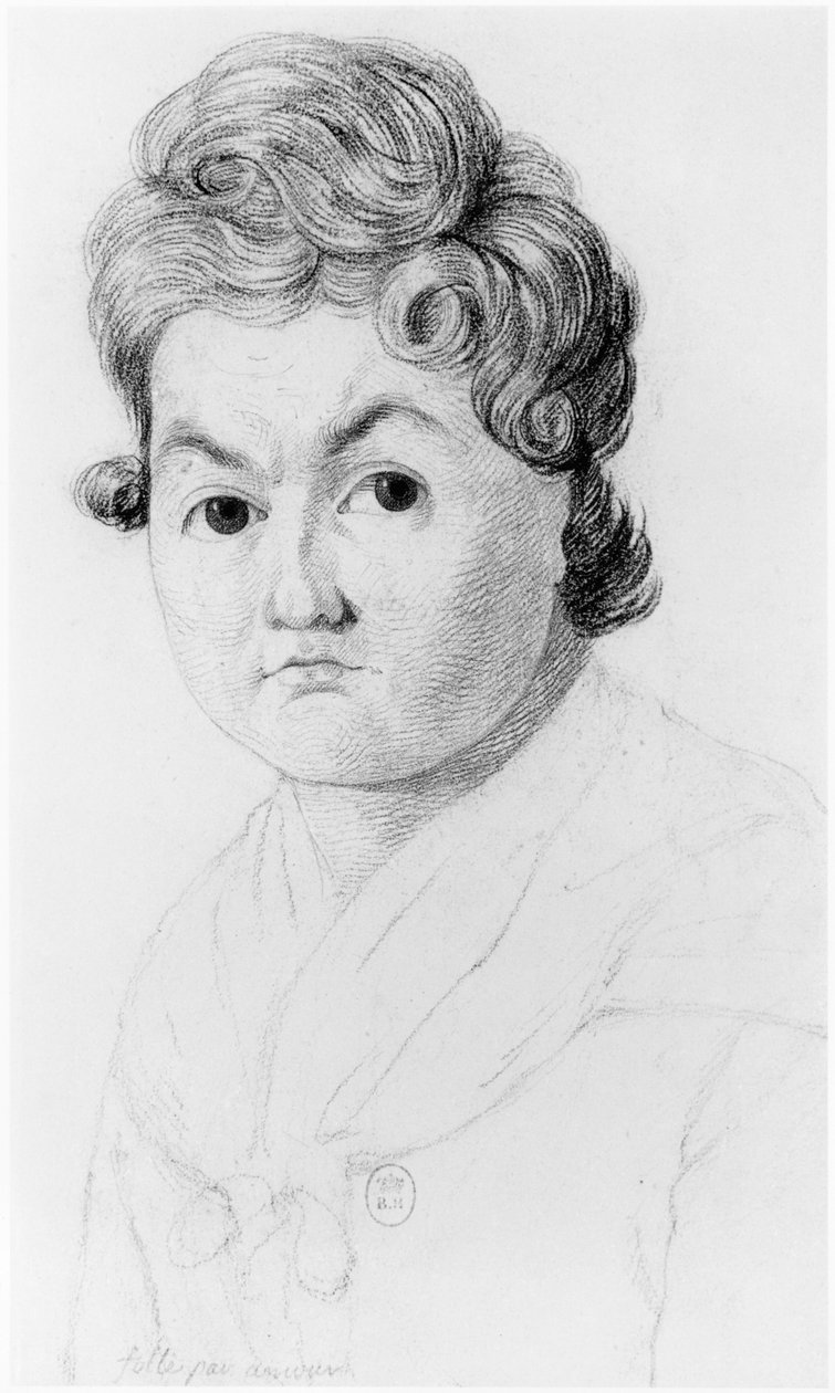 Hullu nainen rakkaudesta, kuvitus Jean Etienne Dominique Esquirolin (1772-1840) julkaisemattomasta tutkielmasta Salpetrieren turvapaikan hulluista, n. 1818 tekijältä Georges Francois Gabriel