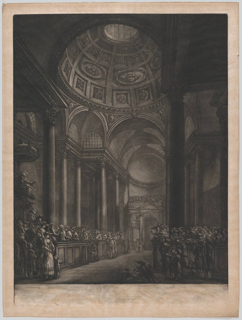 Näkymä St. Stephens Walbrookin sisältä, Valmistettu piirroksesta Hänen Majesteettinsa ..., n. 1767. tekijältä Georges François Blondel