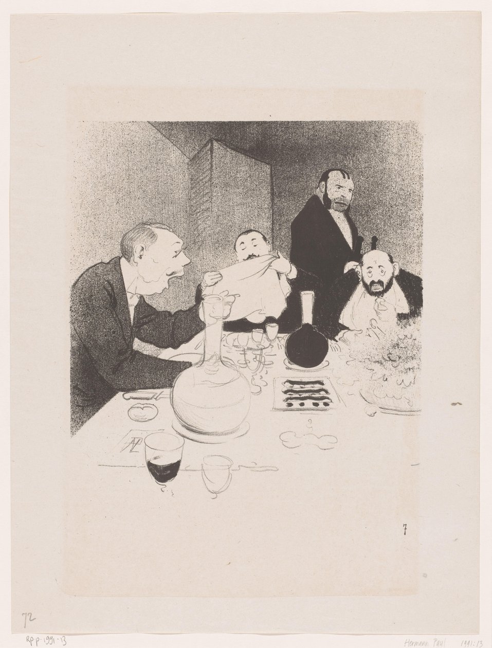 Mannen aan tafel tijdens een diner Hän on koristeltu ja hänen ystävänsä tarjoavat hänelle juhlat (alkuperäinen nimi) Luonnon suuret spektaakkelit; Mr. Anyin elämä (alkuperäinen sarjan nimi) tekijältä Georges Hermann Rene Paul