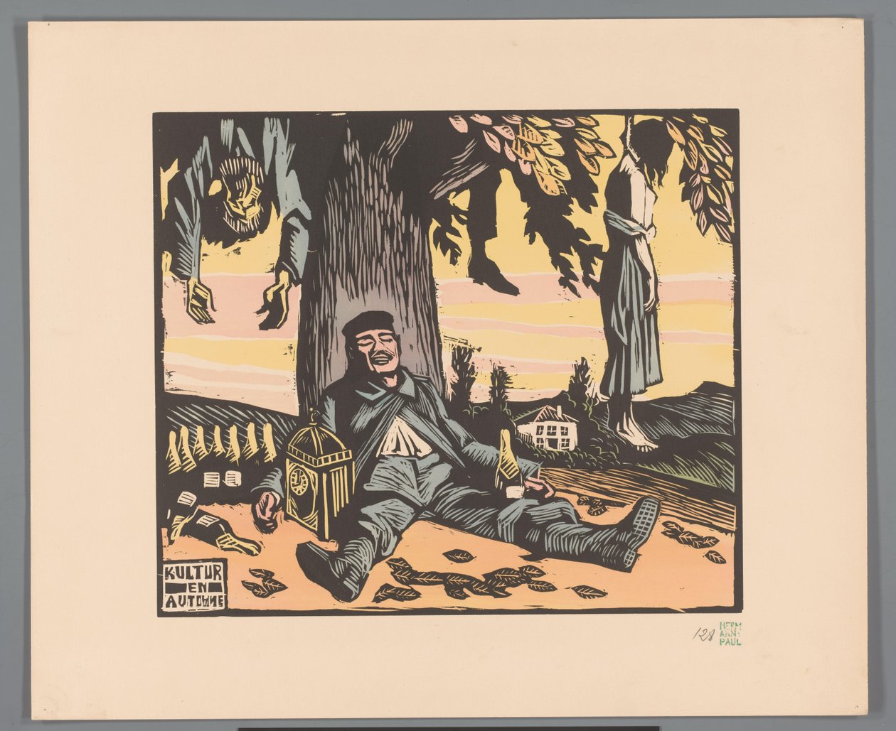 Sotilas makaa puuta vasten hirtettyjen ihmisten kanssa Kultur en automne (otsikko esineessä) tekijältä Georges Hermann Rene Paul