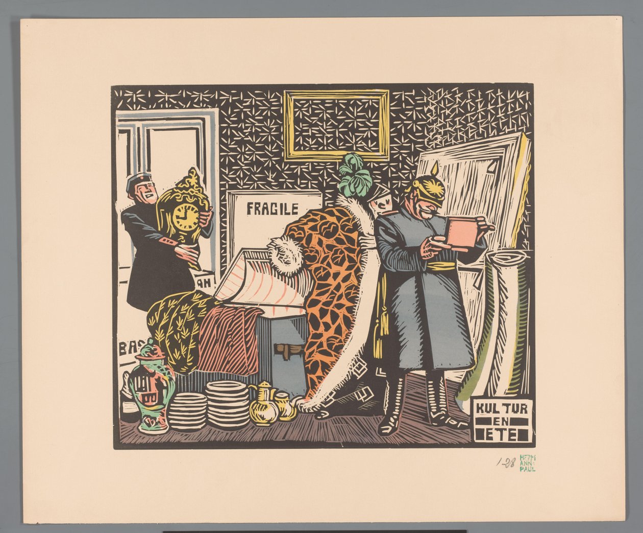 Sotilaat ryöstävät talon Kulttuuri ja ruoka (otsikko esineessä) tekijältä Georges Hermann Rene Paul