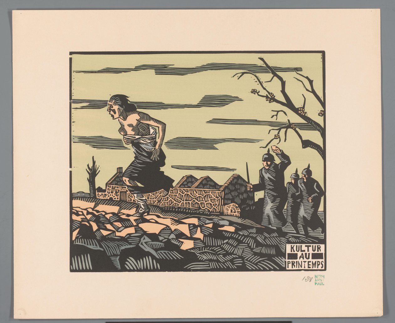 Nainen pakenee puolialastomina kolmea sotilasta pellon poikki Kultur au printemps (otsikko esineessä) tekijältä Georges Hermann Rene Paul