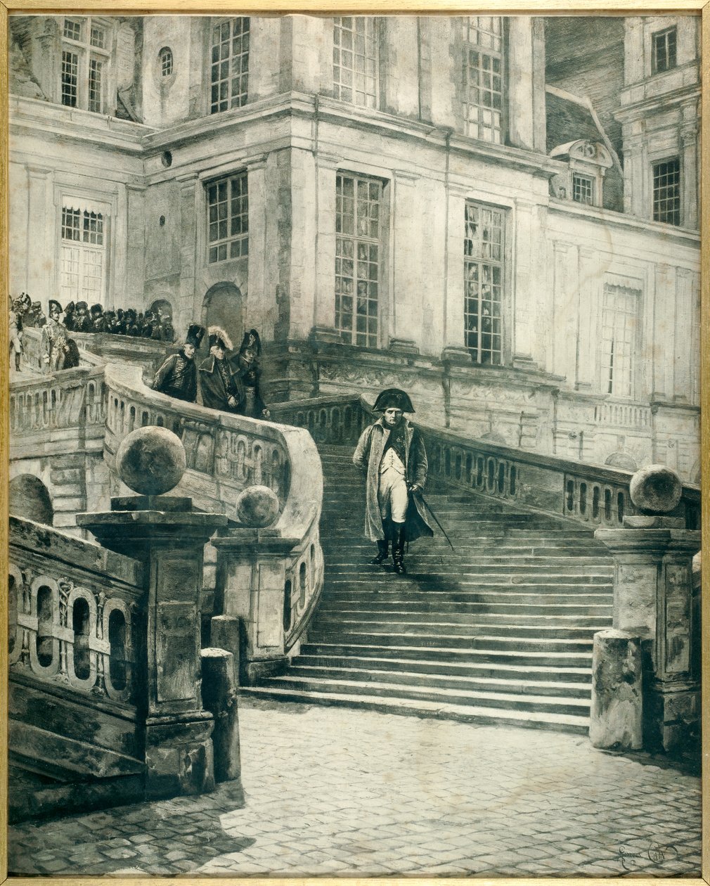 Napoleon a Fontainebleau luopumisen jälkeen kruunusta 4. huhtikuuta 1814 – Georges Jules Auguste Cainin (1856-1919) kaiverrus tekijältä Georges Jules Auguste Cain