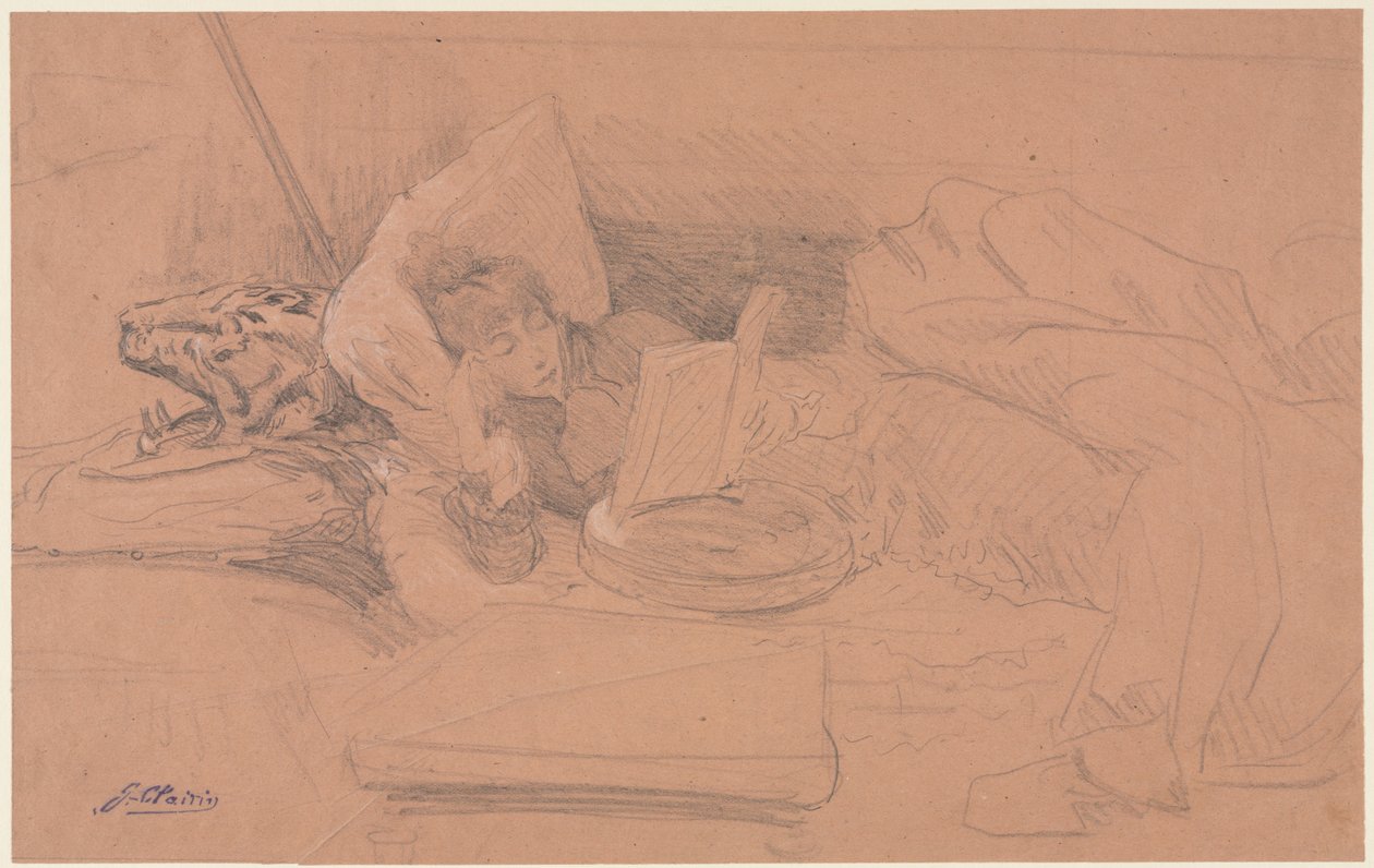 Sarah Bernhardt makuuasennossa divaanilla, lukeminen, n. 1885-1890. tekijältä Georges Jules Victor Clairin