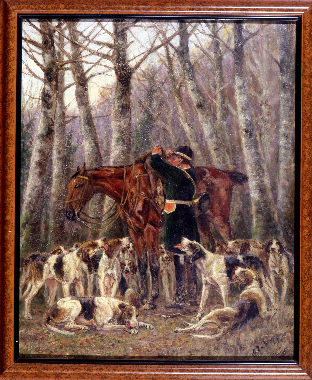 Hevosmetsästyksen aikana tapetun peuran lastaus hevoselle - Georges La Roquen piirustus, noin 1900 tekijältä Georges La Roque
