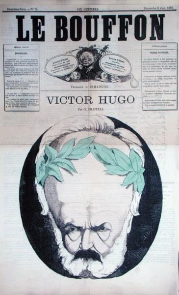 Karikatyyri Victor Hugosta (1802-85) Le Bouffonin etukannessa, kesäkuu 1867 (litho) tekijältä Georges Labadie Pilotell