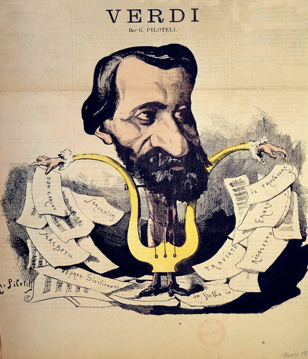 Sarjakuva säveltäjä Giuseppe Verdi (1813-1901) Pilotell (1845-1918) Maaliskuu 1869. National Conservatory of Music, Paris tekijältä Georges Labadie Pilotell