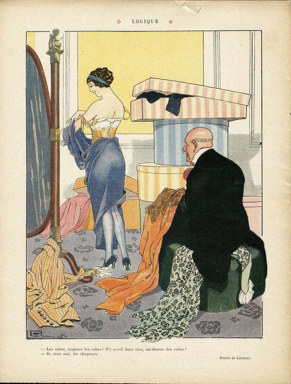 Georges Leonnecin (1881-1940) kuvitus Le Lire -lehdessä 06/07/12 - Logiikka - Muoti, Hattu, Sisäarkkitehtuuri, Rikkaiden elämä - Naiset tekijältä Georges Leonnec