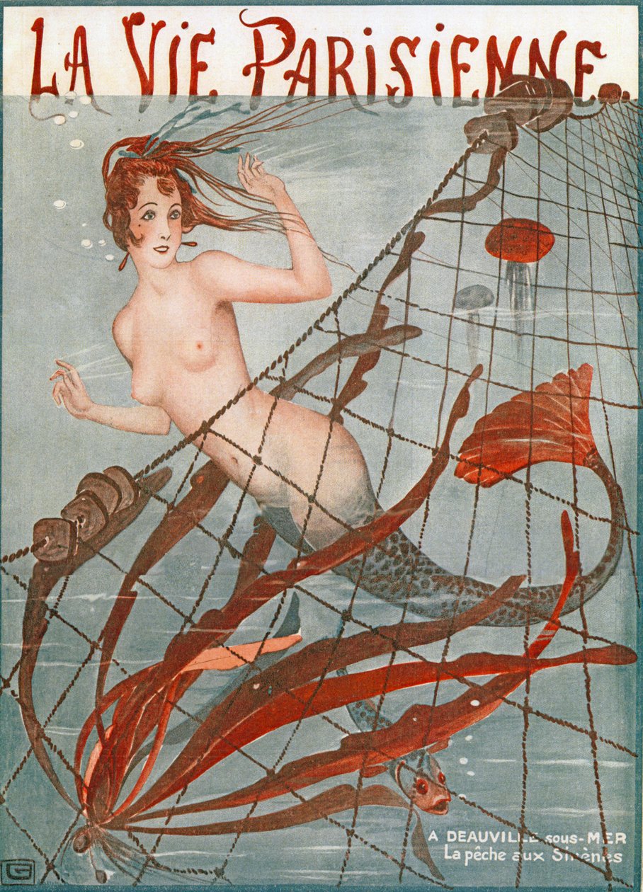 Merenneito kiinni kalaverkossa, kuvitus teoksesta "La Vie Parisienne". tekijältä Georges Leonnec