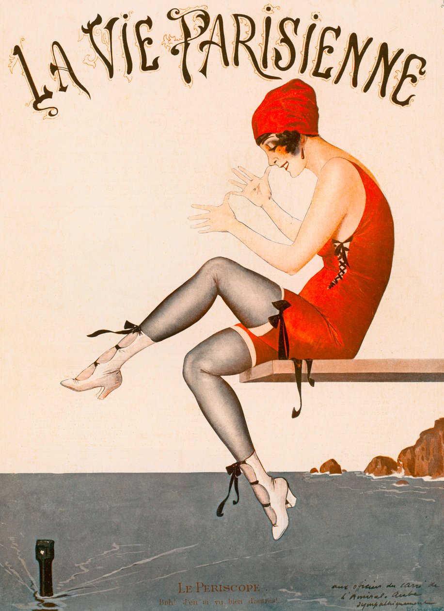 Uimari ponnahduslaudalla, kuvitus "La Vie Parisienne" tekijältä Georges Leonnec