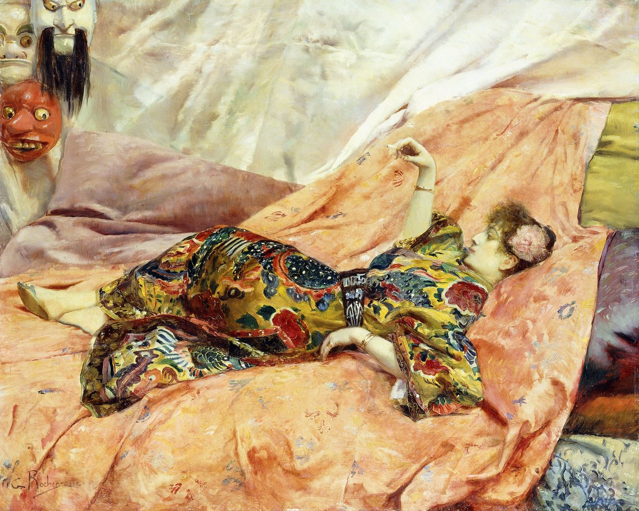 Muotokuva Sarah Bernhardtista makaamassa chinois-sisustuksessa, tekijältä Georges Marie Rochegrosse