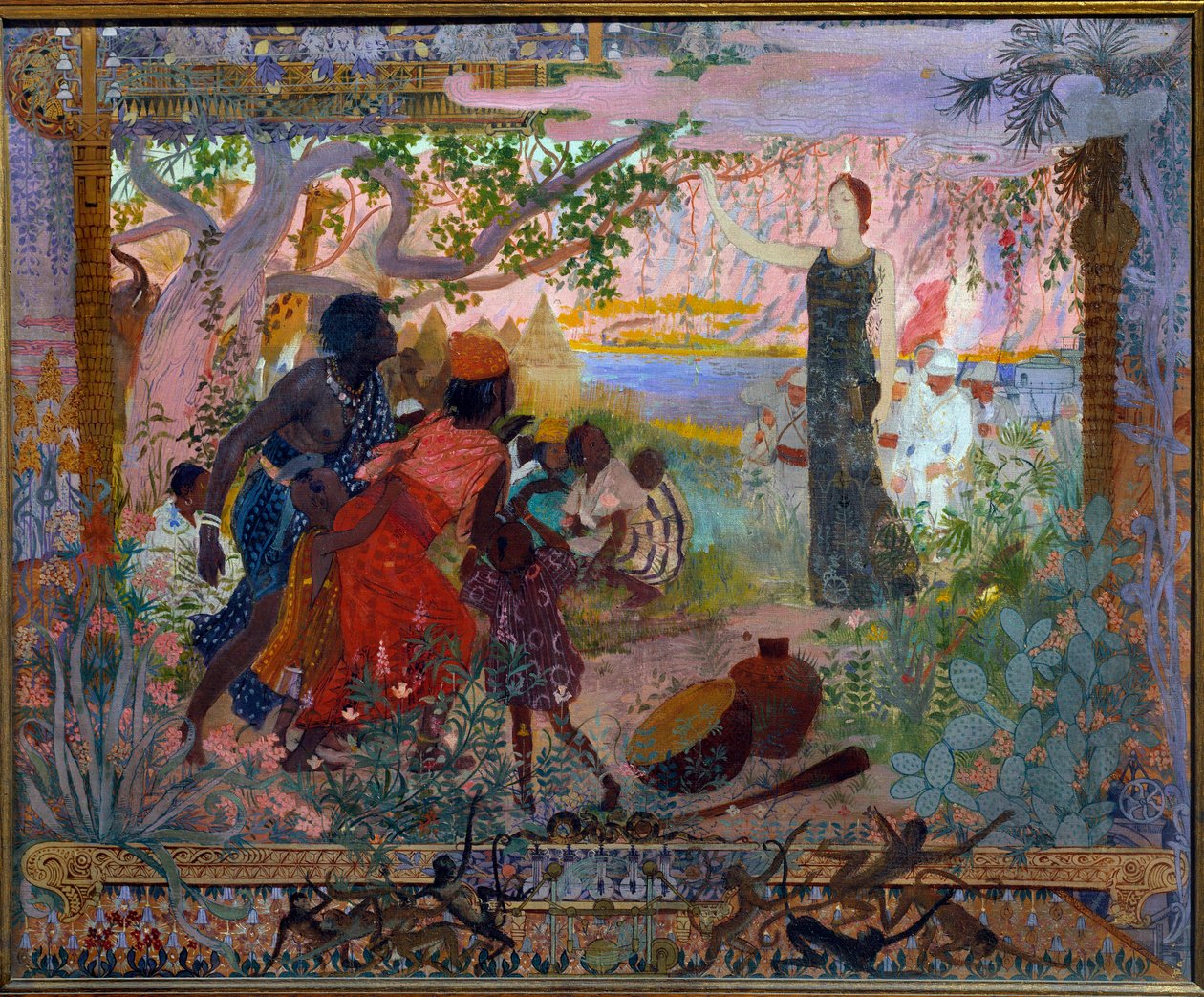 Akateeminen taide tai palomies: "Afrikan valloitus" Allegoria kolonialismista, joka edustaa nuorta valkoista naista, joka etenee juhlallisesti kohti peloissaan afrikkalaisia perheitä. Georges Antoine Rochegrossen (1859-1938) maalaus 1900 Pariisi, Musee du  tekijältä Georges Marie Rochegrosse
