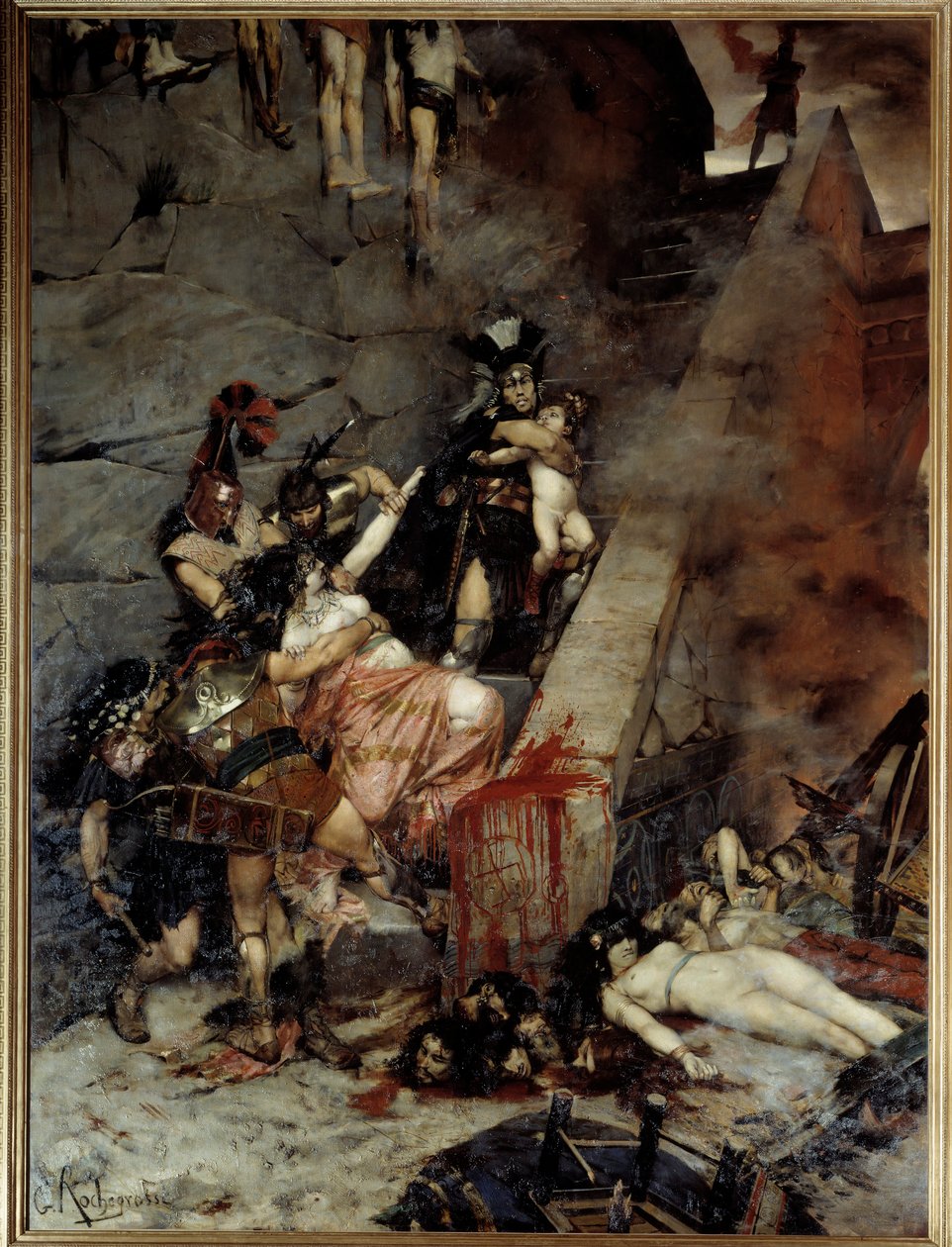 Andromaque. Troijan vallitessa Pyrrhusilla oli osuudessaan saaliista Hektorin leski Andromaque ja hänen poikansa Astyanax. Georges Antoine Rochegrossen (1859-1938) maalaus tekijältä Georges Marie Rochegrosse