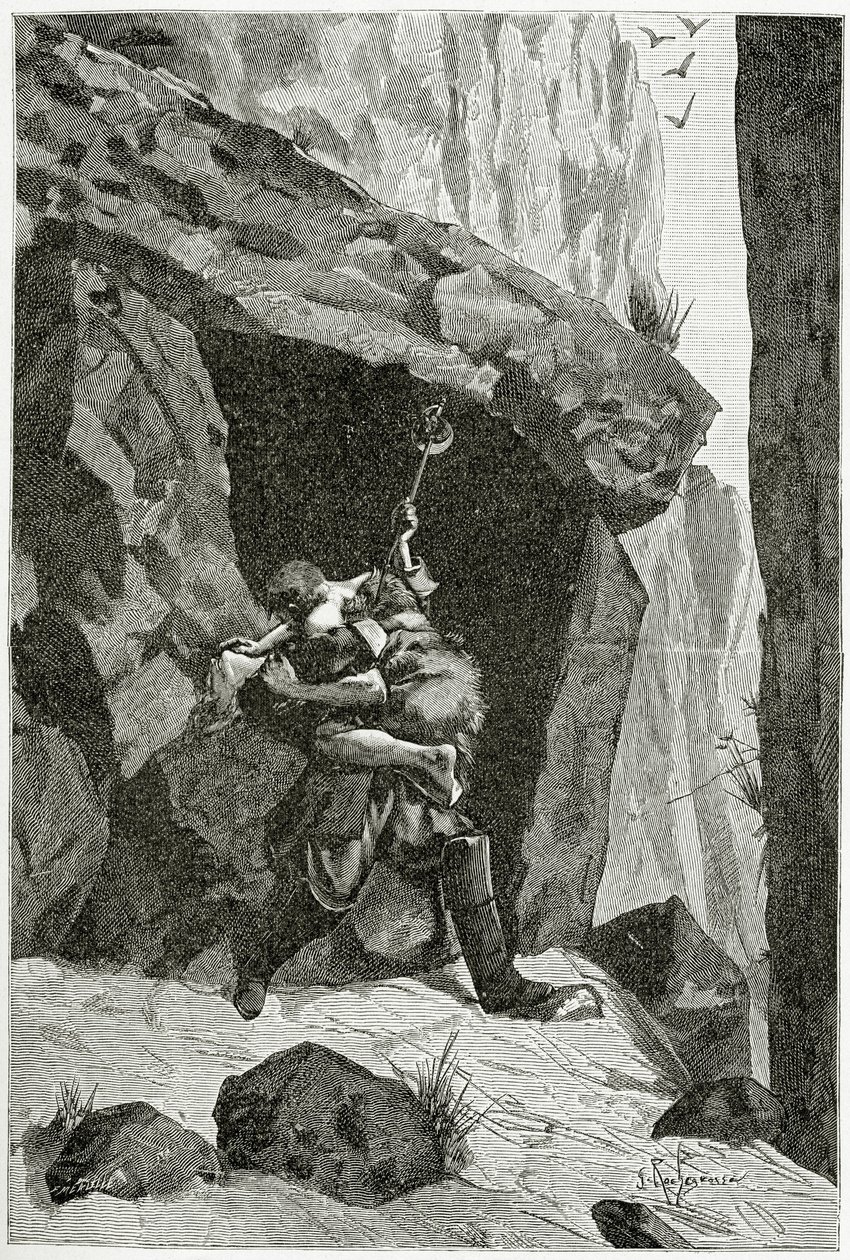 Combat d’Han d’Islande et d’Ordener - kuvitus Han d’Islandesta, 1800-luku (bw-kaiverrus) tekijältä Georges Marie Rochegrosse