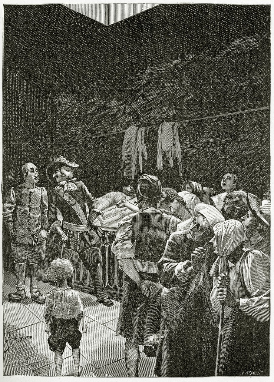 La Morgue - kuvitus Han d’Islandesta, 1800-luku (bw-kaiverrus) tekijältä Georges Marie Rochegrosse