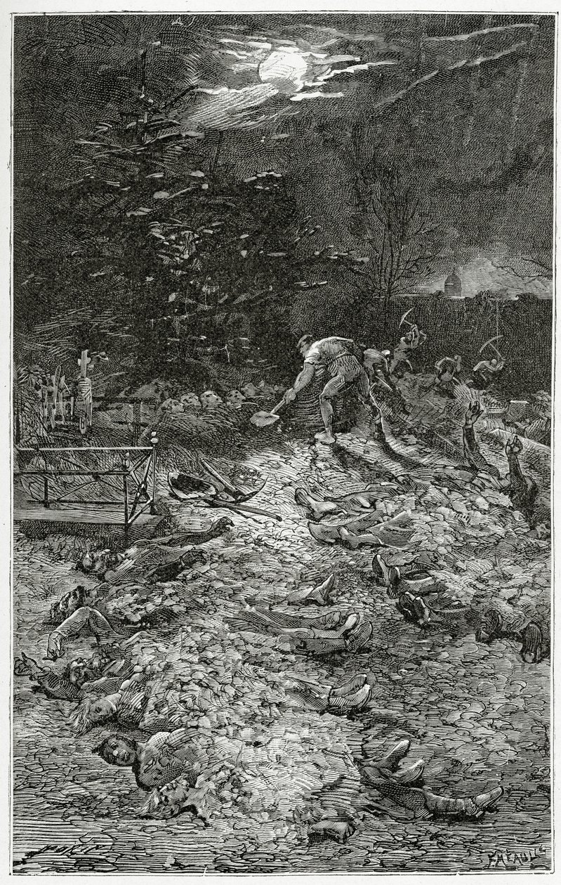 Montmartren hautausmaa - kuvitus Napoléon le Petitistä, 1800-luku (bw-kaiverrus) tekijältä Georges Marie Rochegrosse