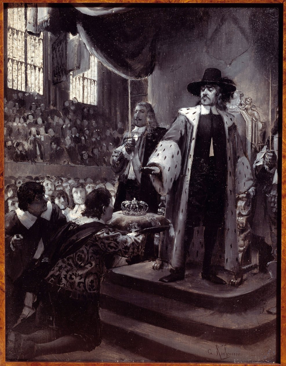 Olivier Cromwell (1599-1658) kieltäytyi kruunusta Ison-Britannian tasavallan Lord Protectorille ehdottivat kruunua Humble Petition ja Avis (uusi parlamentti) vuonna 1658. Grisaille puulla Georges Antoine Rochegrosse (1859-1938) 1800-luku . tekijältä Georges Marie Rochegrosse