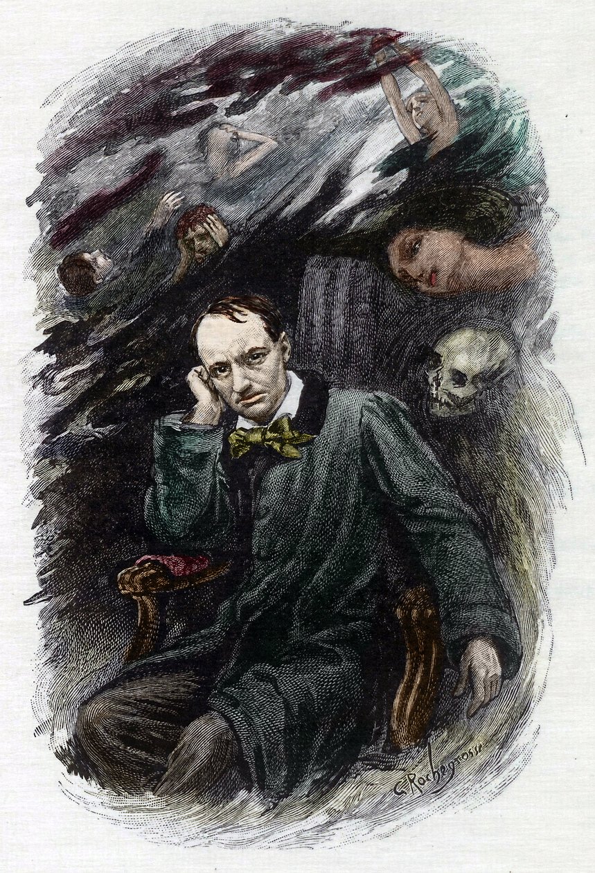 Muotokuva ranskalaisesta runoilijasta Charles Baudelairesta (1827-1861) ympäröi hänen haamujaan (Kuvaus ranskalaisesta romanttisesta runoilijasta Charles Baudelairesta haamujen ympäröimänä, kuvitus sanalle "" Pahan kukkia") Georges Antoine Rochegrossen (18 tekijältä Georges Marie Rochegrosse