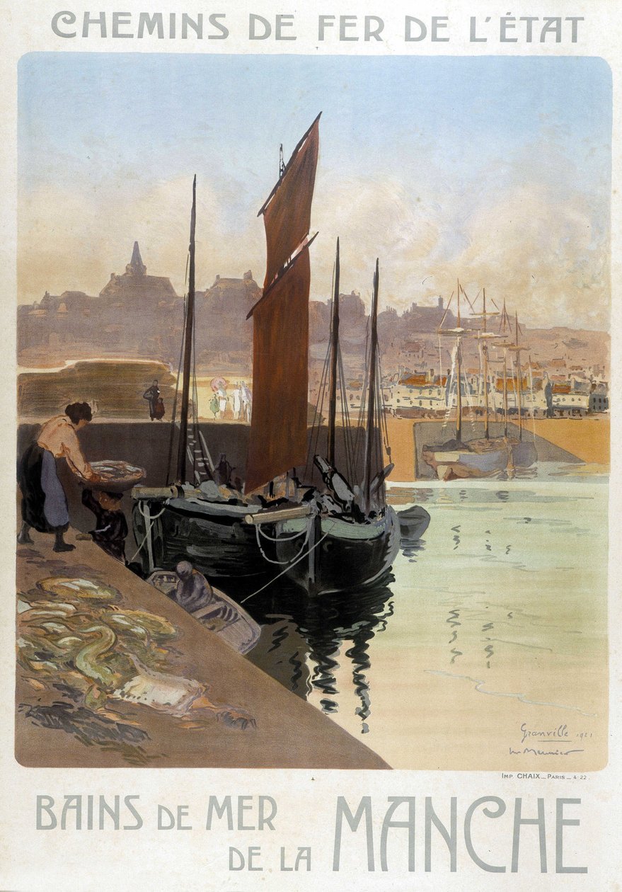 Les bains de mer de la Manche (näkymä Granvillen satamasta) - Valtion rautateiden juliste, kirjoittanut Meunier tekijältä Georges Meunier