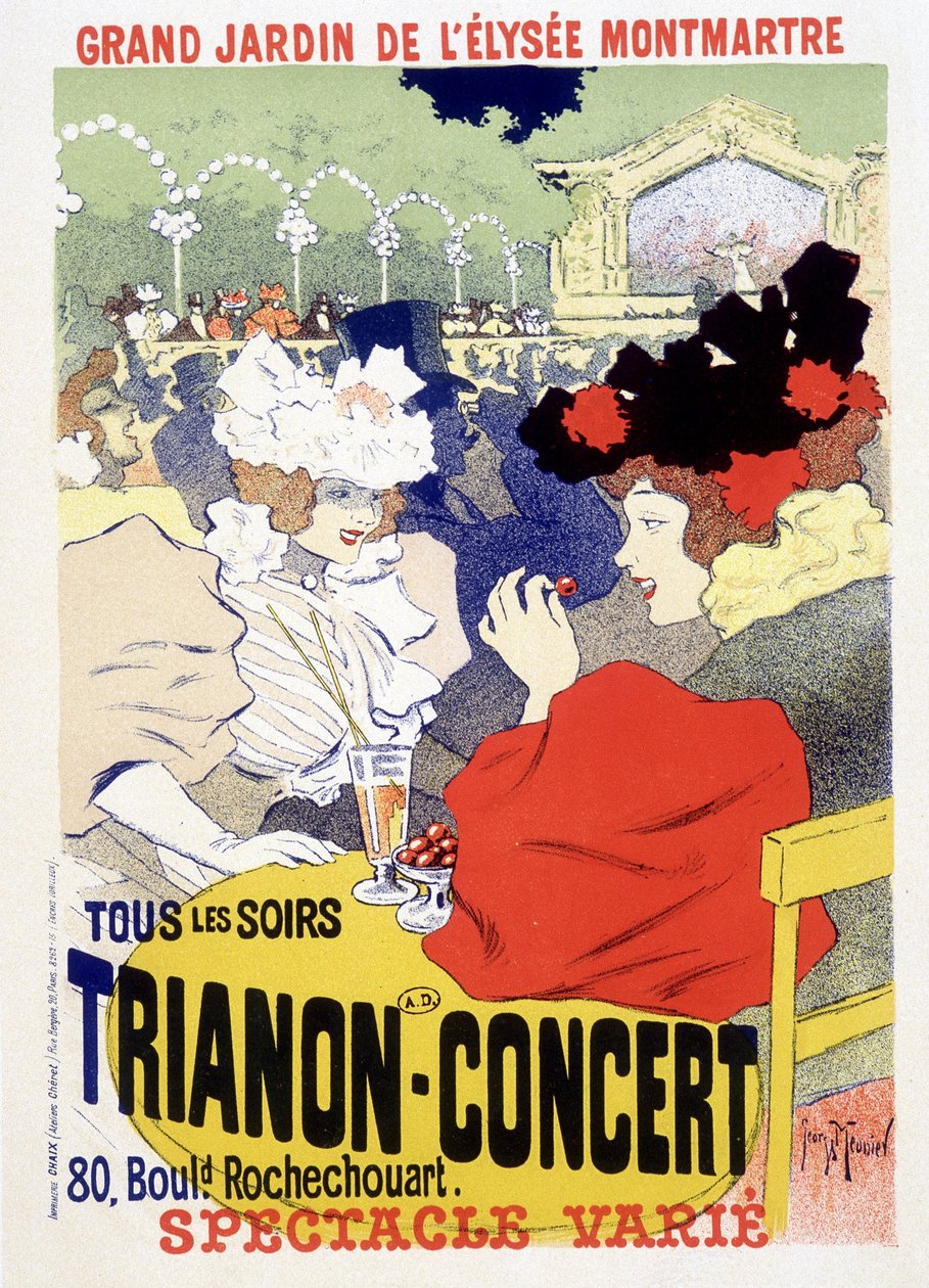 Trianon-konsertti, päivittäinen show Elysee Montmartren (Elysee-Montmartre) suuressa puutarhassa Pariisissa. Georges Meunierin juliste tekijältä Georges Meunier