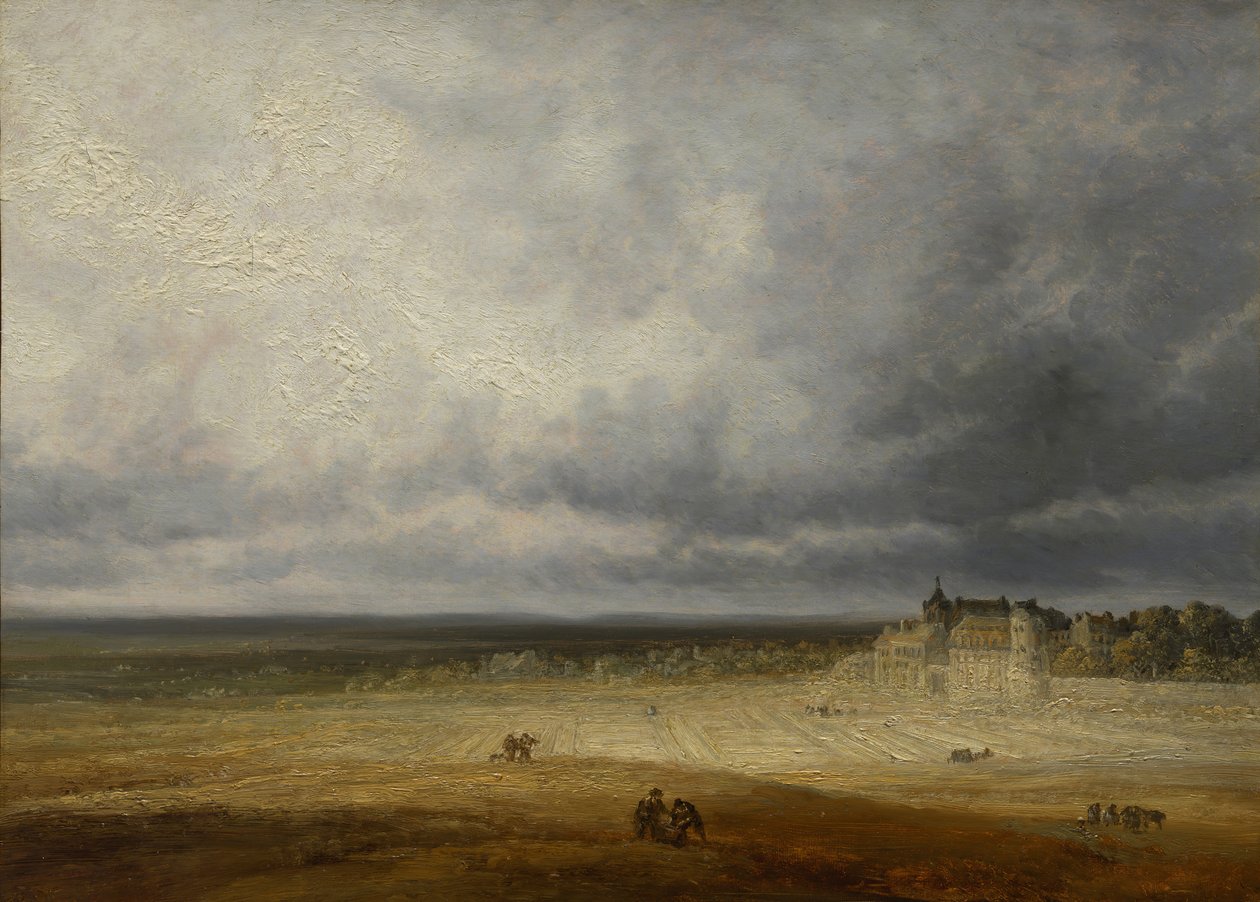 Maisema kynnetty pelto ja kylä, luultavasti vuoden 1827 jälkeen. tekijältä Georges Michel