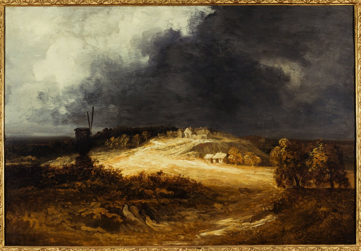 Moulins à Montmartre, n. 1830 (öljy paperille, kiinnitetty kankaalle) tekijältä Georges Michel