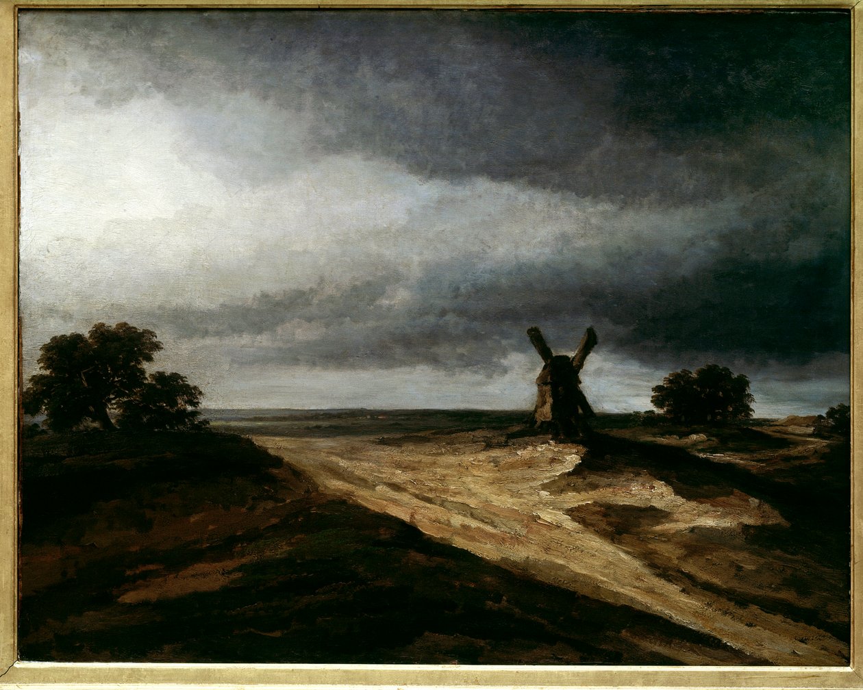 Montmartren ympäristössä pariisilainen maisema myllyineen. Georges Michelin (1763-1843) maalaus 1700-luvun Sun. 0,64 x 0,80 m Pariisi, Musee du Louvre tekijältä Georges Michel