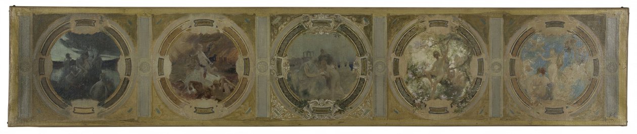 Luonnos Pariisin kaupungintalon Lobau-galleriaa varten: Pariisin synty. Taistelu. Filosofia ja antiikin kirjallisuus. Kevät. Kirjallisuus vuonna 1890 (öljy kankaalle). tekijältä Georges Picard