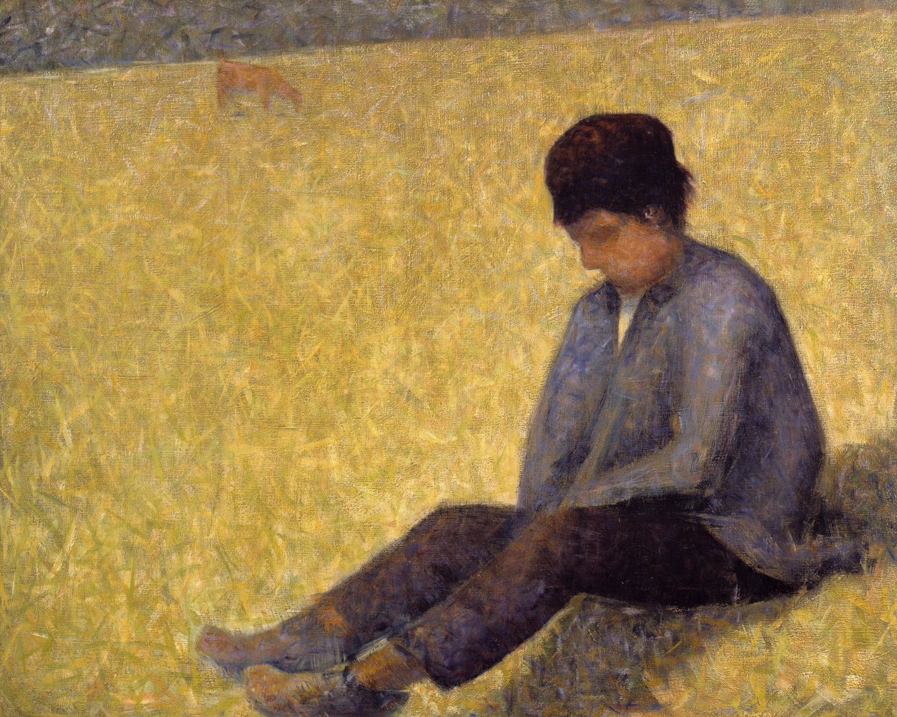 Poika istuu nurmikolla, n. 1882 (öljy kankaalle tekijältä Georges Pierre Seurat