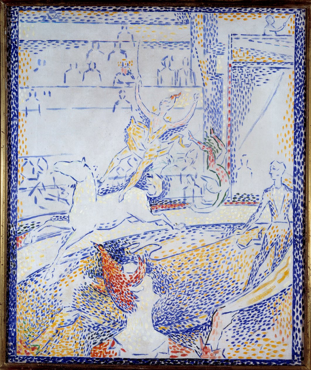 Sirkus Tanssija, joka tekee taitolentonumeroa hevosen selässä ja klovni. Luonnos Georges Seurat (1859-1891) 1891 Su. 0,55x0,46 m Pariisi, musee d
