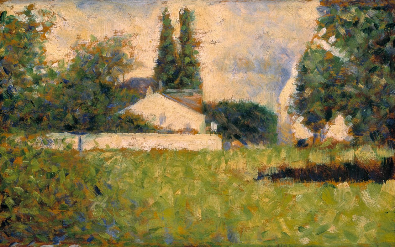 Talo puiden keskellä / Maison dans les Arbres, n. 1883 (öljy paneelille) tekijältä Georges Pierre Seurat