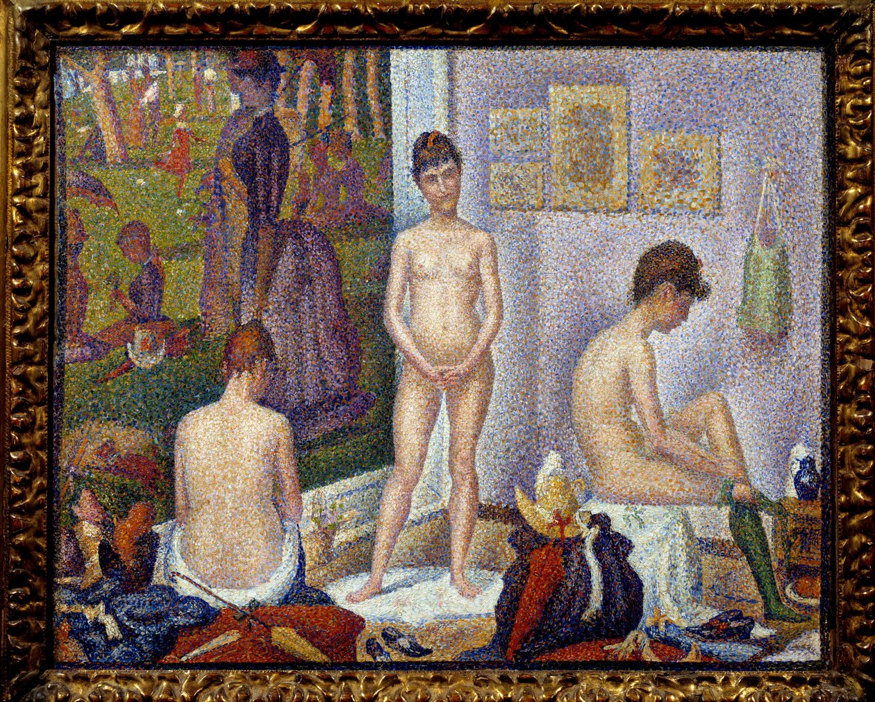 Kokoonpano, pieni versio Vasemmalla Georges Seuratin (1859-1891) maalaus ”” Sunnuntai puolenpäivän jälkeen Grande Jatten saarella” 1888 Collection privee - Mallit yhdessä, pienempi versio. Vasemmalla kuva "Eränä sunnuntai-iltapäivänä tekijältä Georges Pierre Seurat