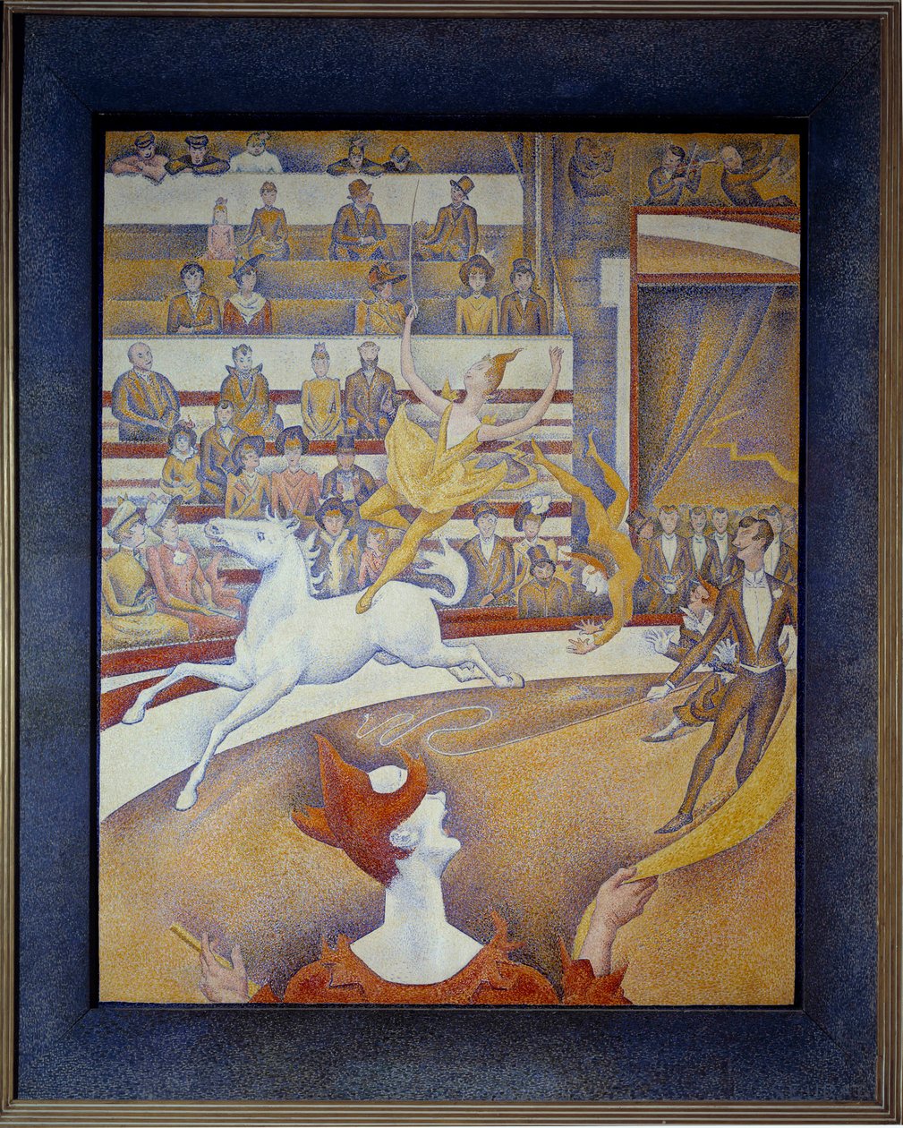 Sirkus Une ecuyere hevonen, klovni ja akrobaatit. Georges Seuratin (1859-1891) maalaus 1891 Su. 1,85x1,52 m Pariisi, museo d