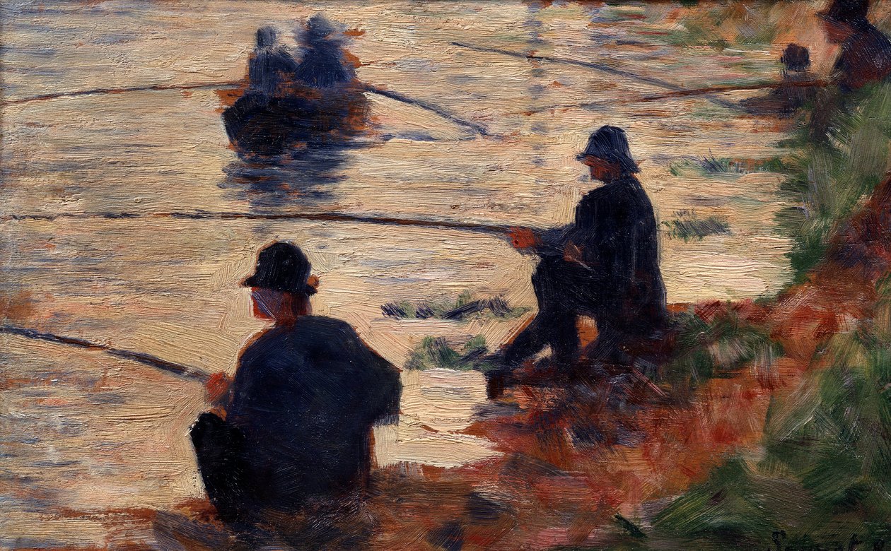 Kalastajat opiskelulinjalla isolle jattelle. Georges Seuratin (1859-1891) maalaus 1883 Su. 0,16x0,25 m Troyes, modernin taiteen museo tekijältä Georges Pierre Seurat