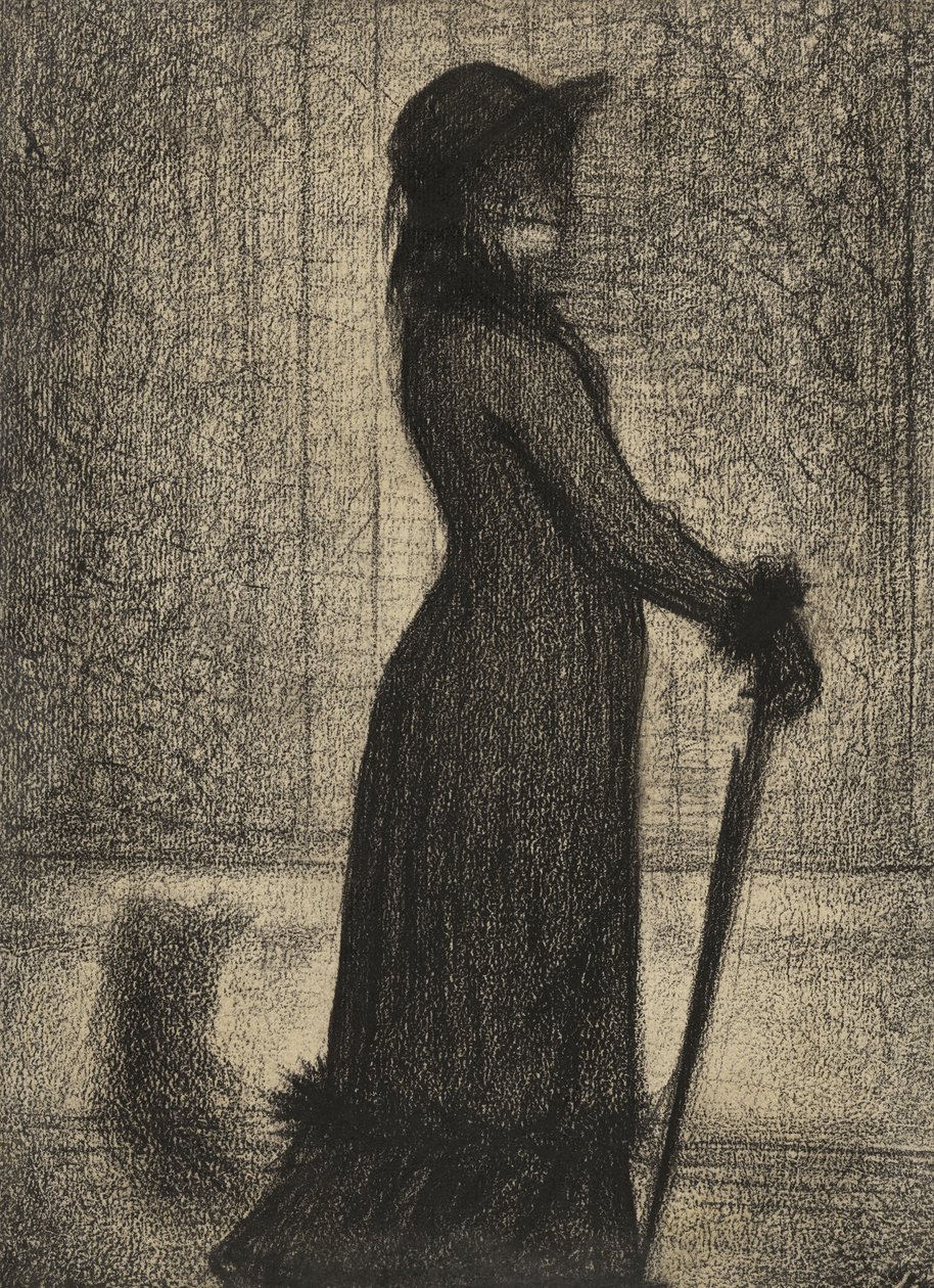Une Elegante, Nainen kävelyllä, n. 1884 (kynätarina michalett-paperilla) tekijältä Georges Pierre Seurat