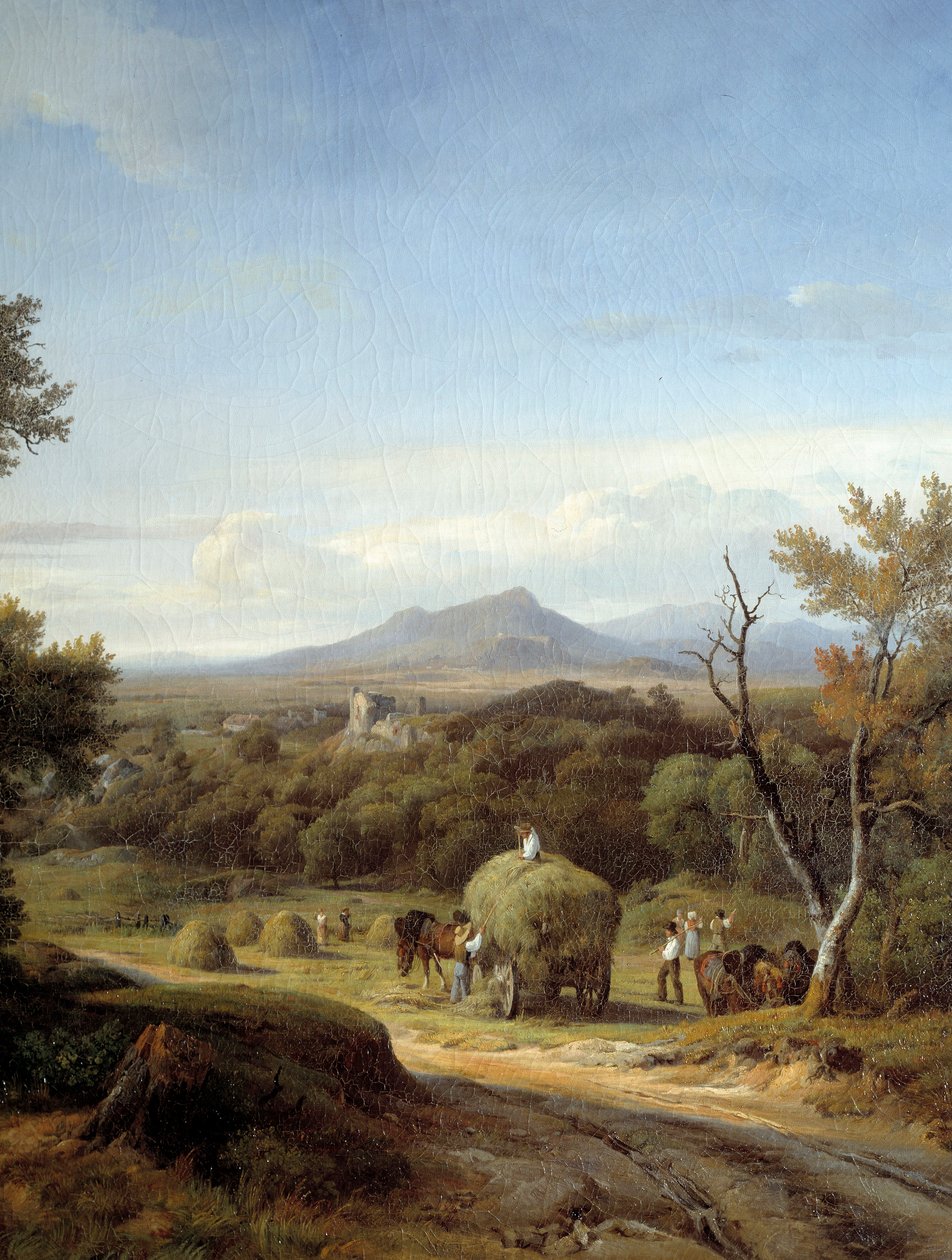 Maaseutumaisema. Vasen yksityiskohta. Maalaus Georges Prieur (1800-luku) tekijältä Georges Prieur