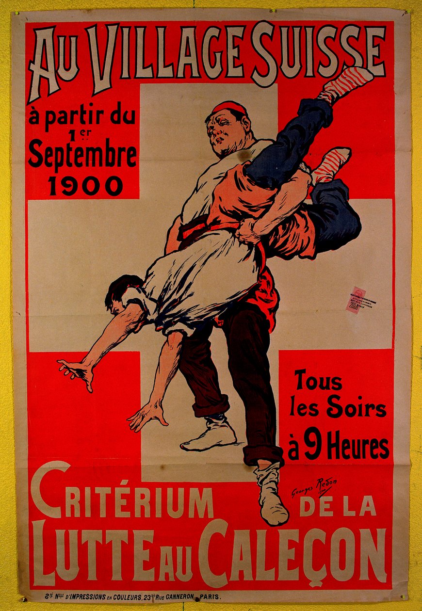 Juliste, joka mainostaa painikilpailuja Swiss Villagessa, 1900 tekijältä Georges Redon