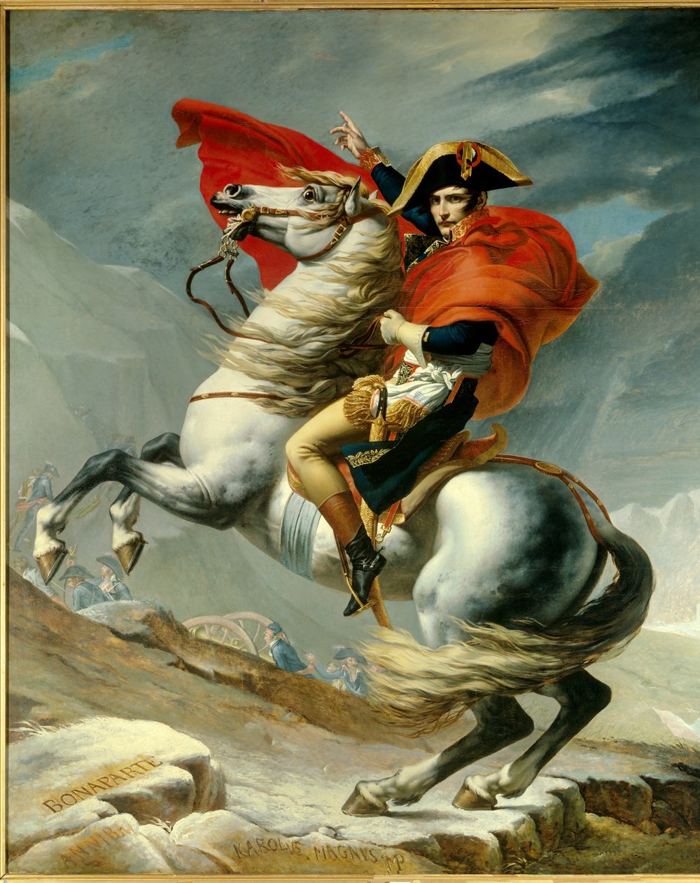 Ensimmäinen konsuli Napoleon Bonaparte (1769-1821) ylittämässä Alpit Grand Saint-Bernardin solalla toukokuussa 1800. Georges Rouget