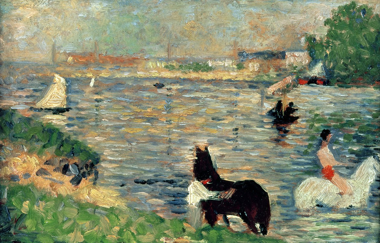 Hevoset joessa, n.1883 (paneeli) (Baignade-tutkimus). tekijältä Georges Seurat