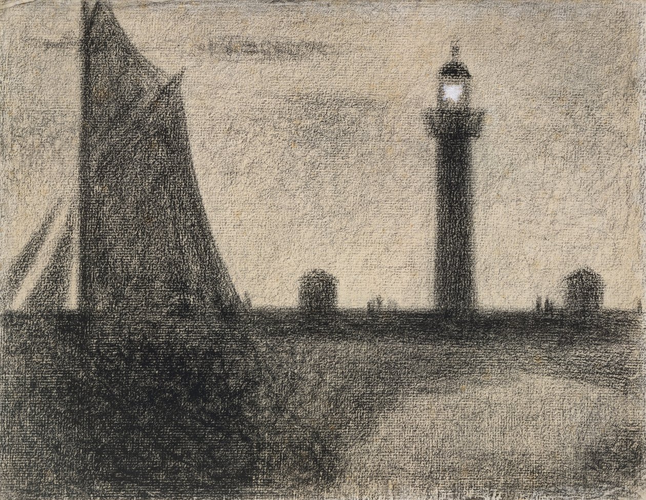 Honfleurin majakka, 1886 (konttikynä ja guassilla korotettu gouassia liimapaperille). tekijältä Georges Seurat