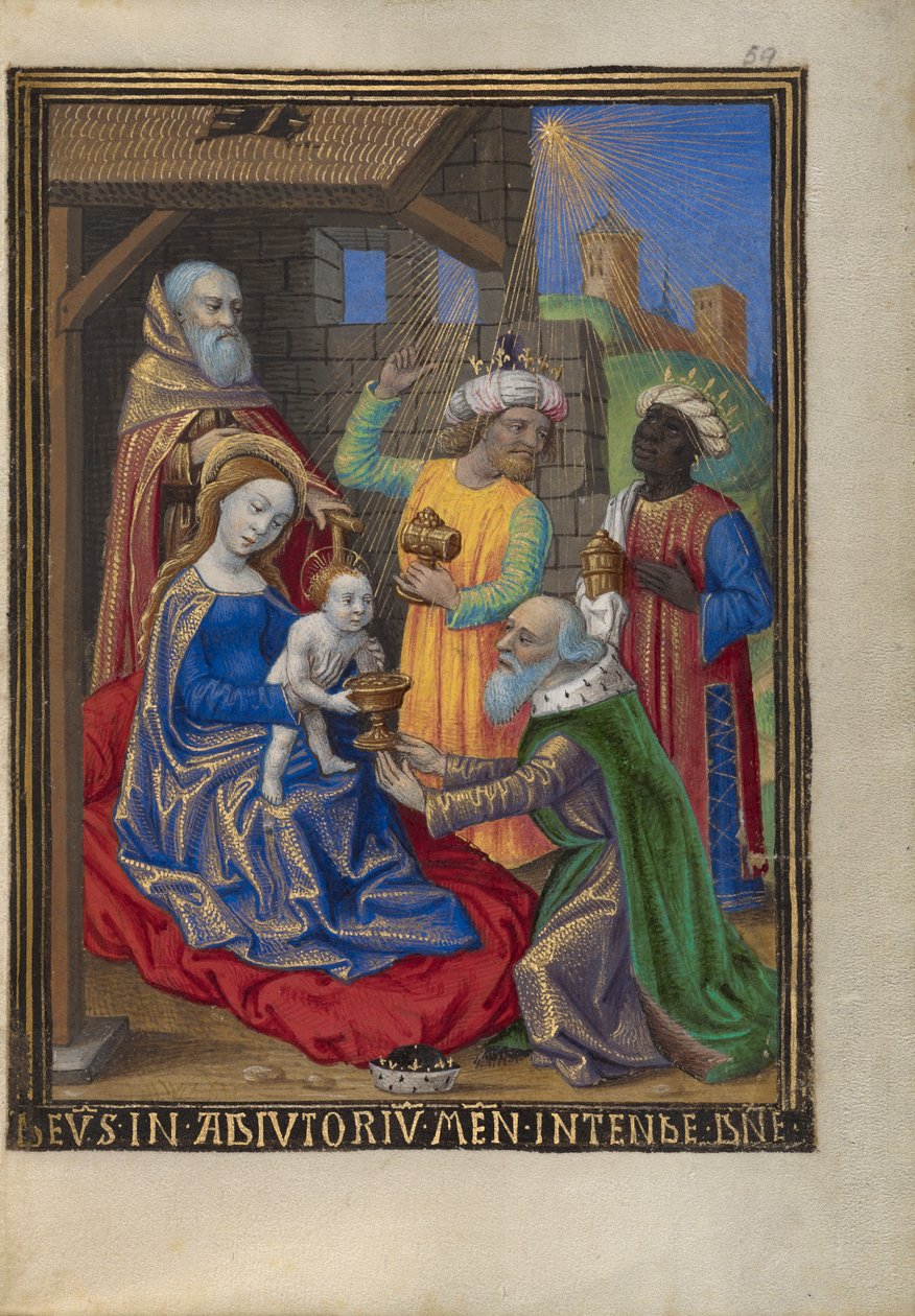 Maagien palvonta tuntikirjasta Ms. 48 fol. 59, n. 1480-90 (tempera, lehtikulta ja muste pergamentissa) tekijältä Georges Trubert