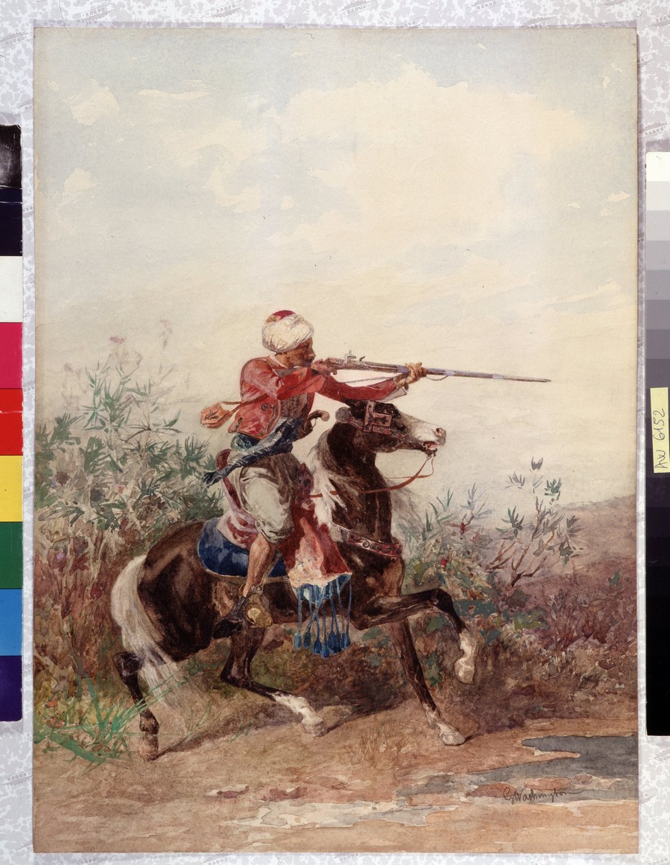 Orientalismi: "" Ratsumies vetää hevosta"" Georges Washingtonin maalaus (1827-1910) Pakollinen maininta: Collection fondation regards de Provence, Marseille tekijältä Georges Washington