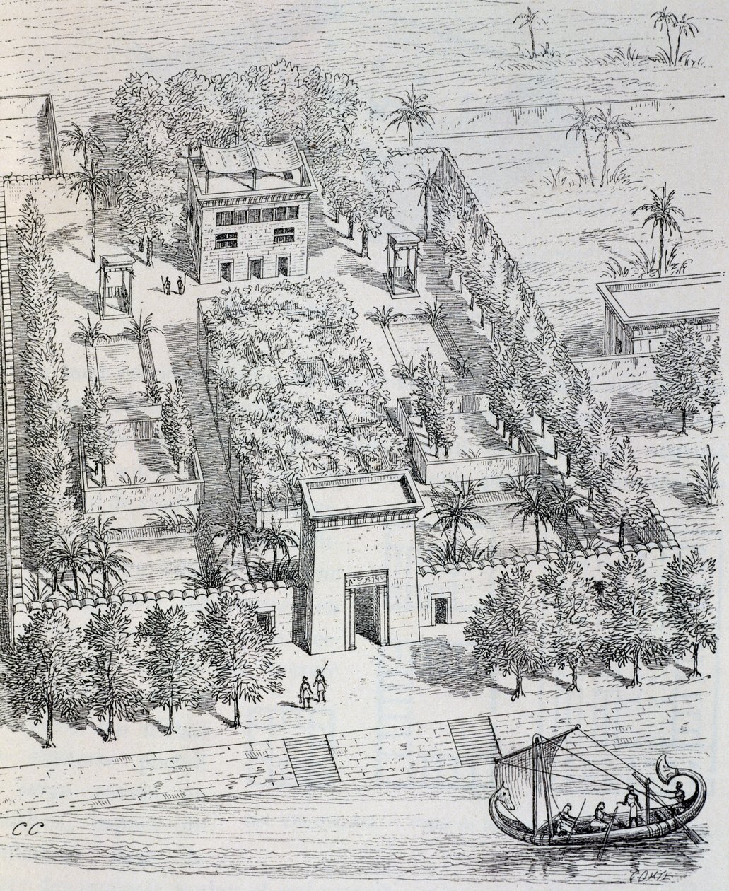 Näkymä egyptiläisestä huvilasta Niilin varrella, Chipiezin rekonstruktio, antiikin taiteen historiasta (Egypti, Assyria, Persia, Vähä-Aasia, Kreikka, Etruria, Rooma) tekijältä Georges and Chipiez Charles Perrot
